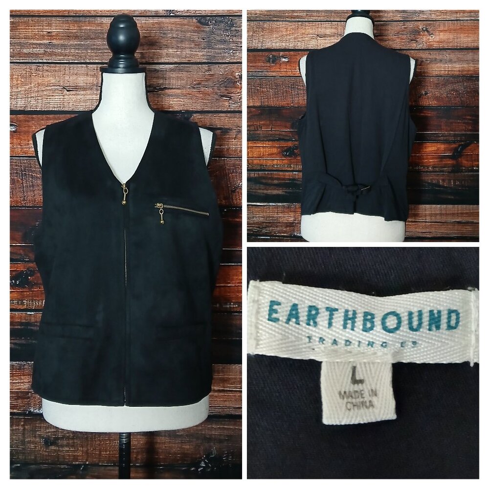 Earthbound Trading Co Vest Size L Black Faux Suede Zip Front